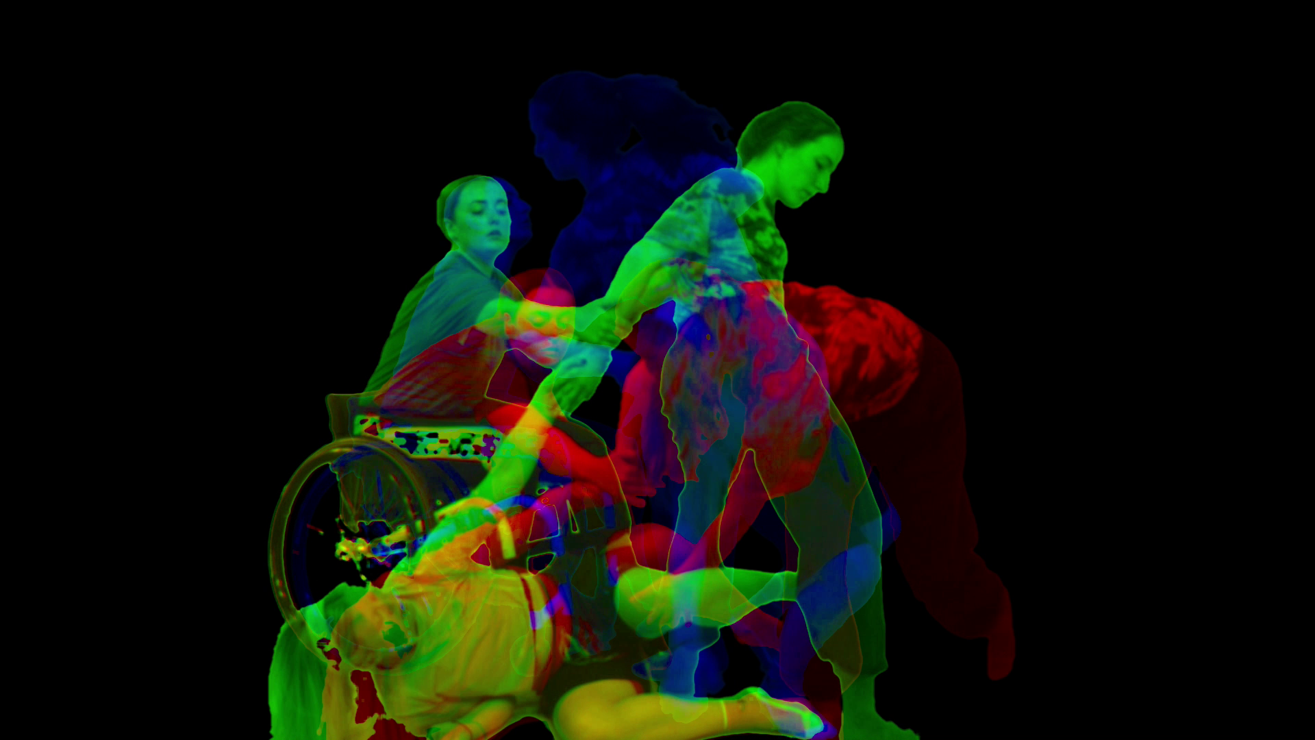 A screenshot from the As The Floor Shifts films, showing multi-layered coloured images of dancers